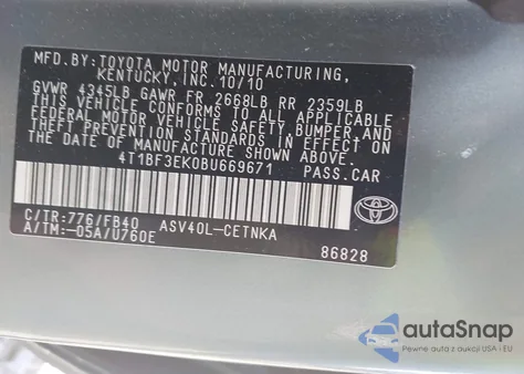 2011 Toyota Camry Le z USA, uszkodzony, nr VIN 4T1BF3EK0BU669671